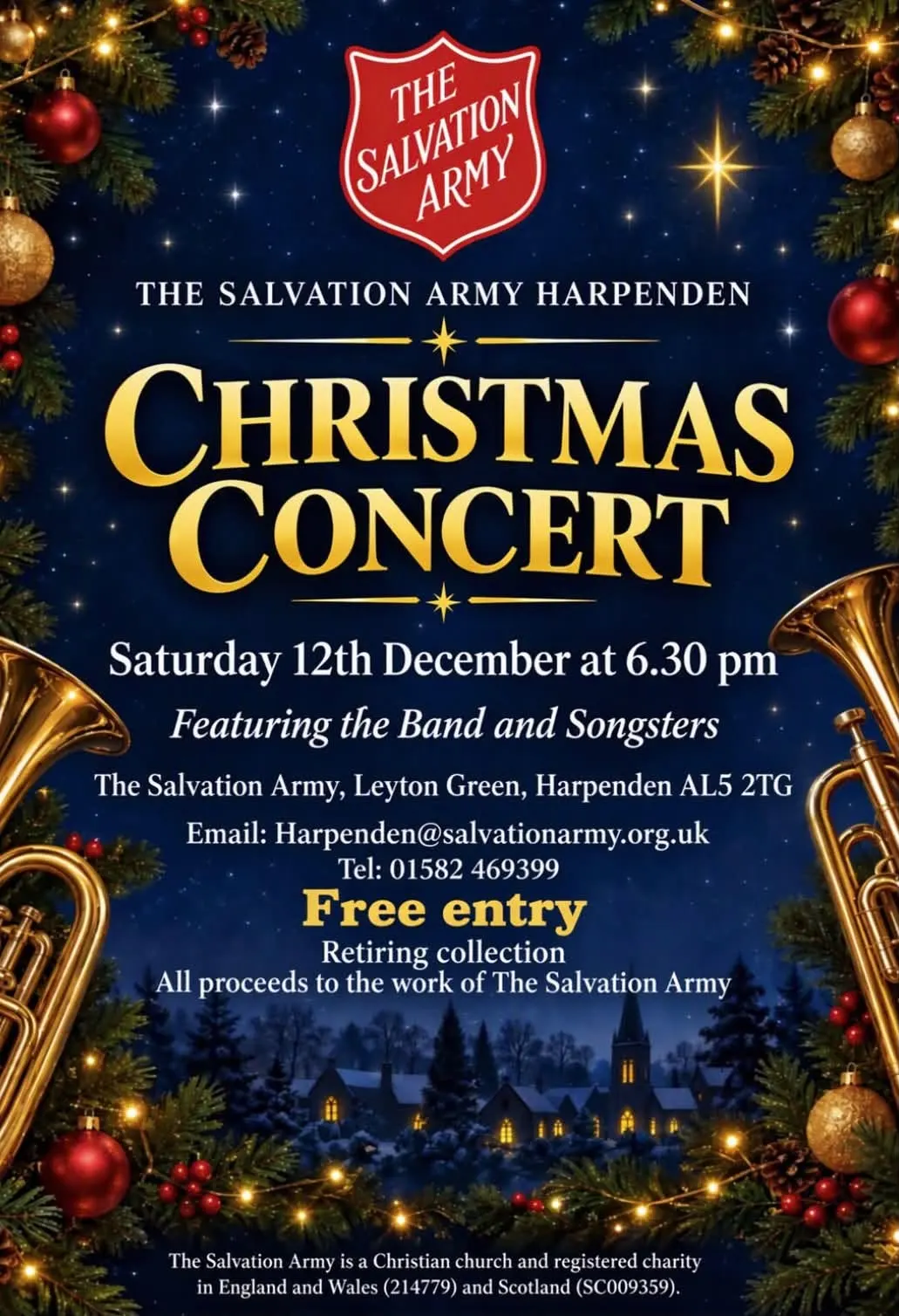 The Salvation Army Harpenden Christmas Concert poster: Saturday 12th December at 6.30pm, featuring the Band and Songsters, Leyton Green, free entry with a retiring collection